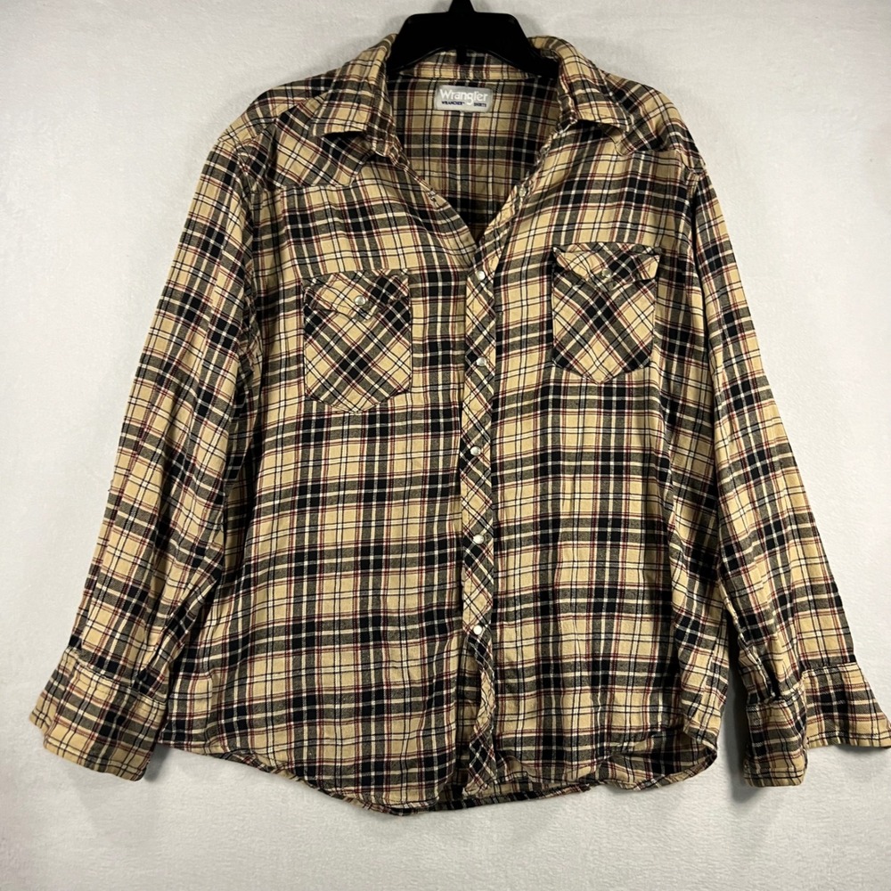 Distressed Wrangler Western Plaid Flannel Shirt Mens Long Sleeve Pearl Snap